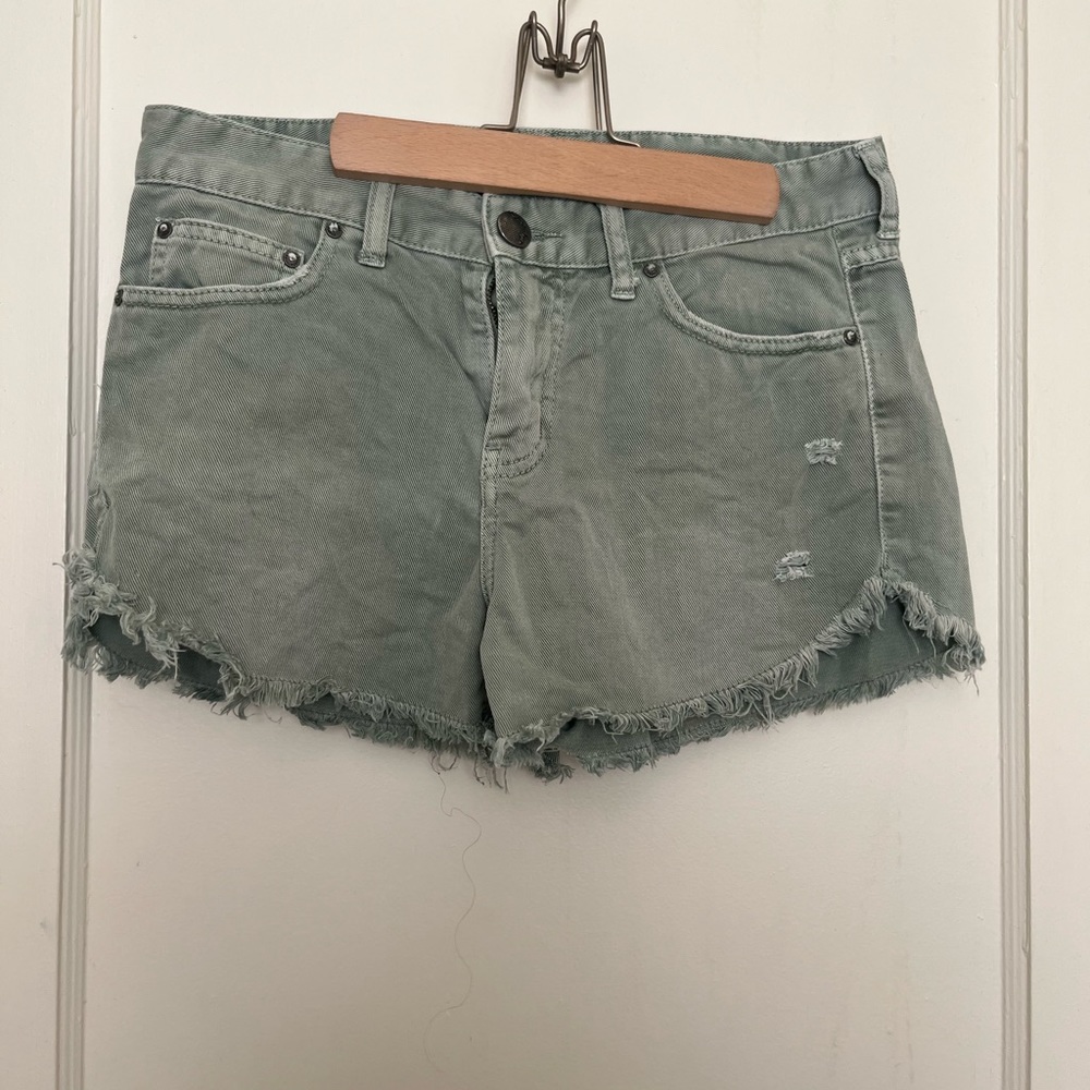 Free People Green Distressed Mid Rise Raw Hem Denim Shorts